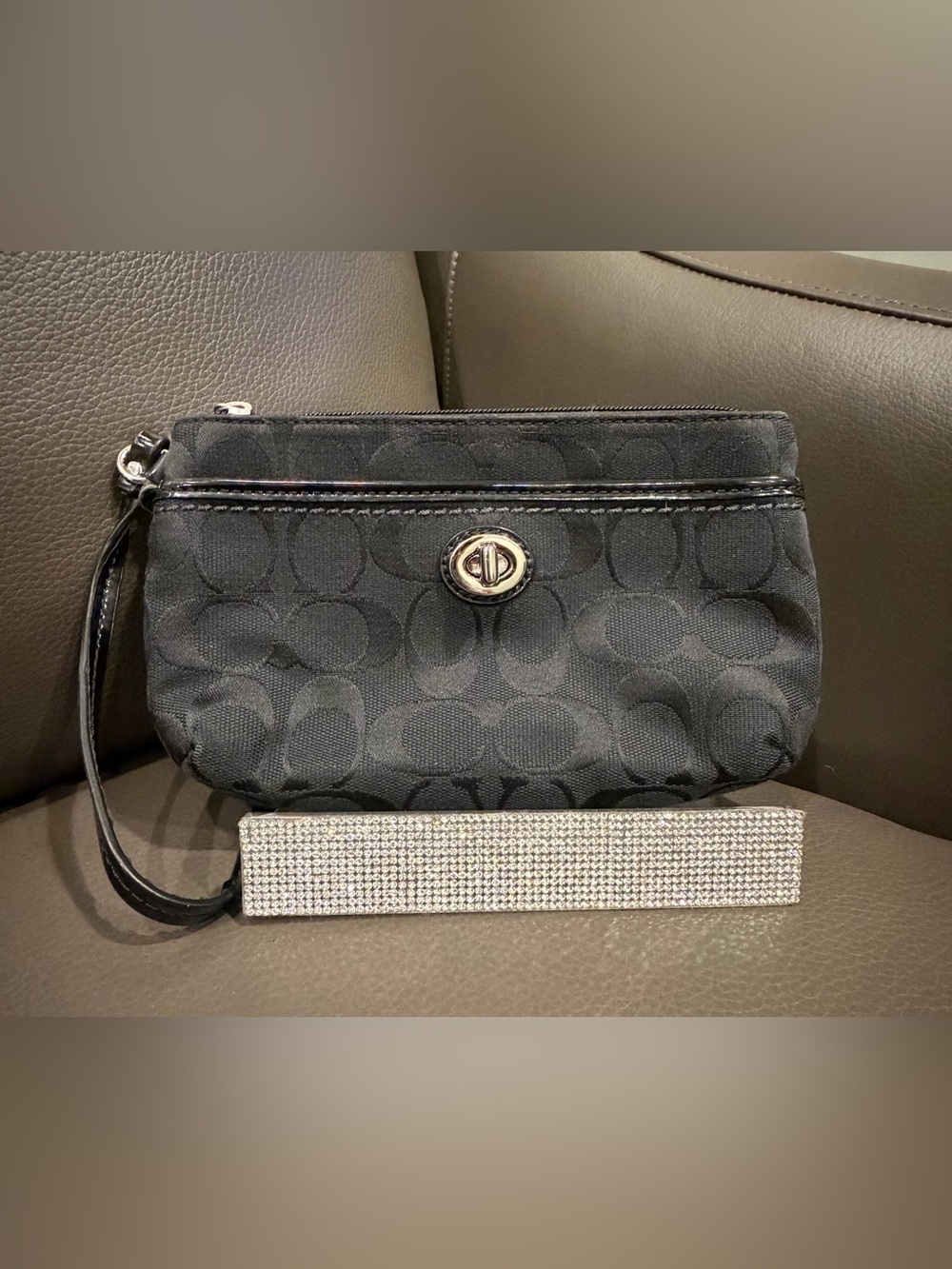 Coach Black Signature C Print Turnlock Wristlet
